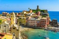 Vernazza - Village of Cinque Terre National Park at Coast of Italy. Beautiful colors at sunset. Province of La Spezia, Liguria, in Royalty Free Stock Photo