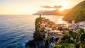 Vernazza - Village of Cinque Terre National Park at Coast of Italy. Beautiful colors at sunset. Province of La Spezia, Liguria, in Royalty Free Stock Photo