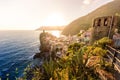 Vernazza - Village of Cinque Terre National Park at Coast of Italy. Beautiful colors at sunset. Province of La Spezia, Liguria, in Royalty Free Stock Photo