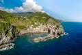 Vernazza - Village of Cinque Terre National Park at Coast of Italy. Province of La Spezia, Liguria, in the north of Italy - Aerial Royalty Free Stock Photo