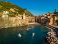 Vernazza - Village of Cinque Terre National Park at Coast of Italy. Province of La Spezia, Liguria, in the north of Italy - Aerial Royalty Free Stock Photo