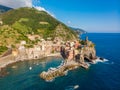 Vernazza - Village of Cinque Terre National Park at Coast of Italy. Province of La Spezia, Liguria, in the north of Italy - Aerial Royalty Free Stock Photo