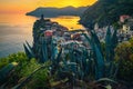 Vernazza village view from the hill at sunset, Liguria, Italy Royalty Free Stock Photo