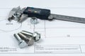 Vernier caliper with screw, nuts and bolts