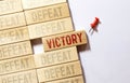 Vernier caliper with word victory vs defeat.Antonym concept