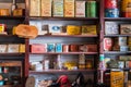 Tins of vintage dry goods displayed on store shelves Royalty Free Stock Photo