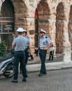 Verona, Italy - August 7, 2019: Italy police with motocyle besides Verona Areana