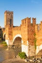 Verona, Italy. Castelvecchio bridge on Adige river. Old castle sightseeing at sunrise Royalty Free Stock Photo