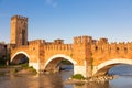 Verona, Italy. Castelvecchio bridge on Adige river. Old castle sightseeing at sunrise Royalty Free Stock Photo