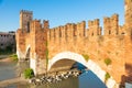 Verona, Italy. Castelvecchio bridge on Adige river. Old castle sightseeing at sunrise Royalty Free Stock Photo