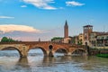Verona Italy, city skyline at Adige river with Ponte Pietra bridge