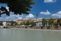 Verona, Italy, Europe, August 2019, A view of the River Adige and the Chiesa Parrocchiale di Santa Maria in Organo