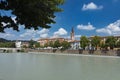 Verona, Italy, Europe, August 2019, A view of the River Adige and the Chiesa Parrocchiale di Santa Maria in Organo