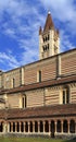 Verona, Italy - historic city center - external view of Basilica of Saint Zeno Maggiore with church tower, inner churchyard and