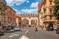 VERONA, ITALY - July 19th, 2019: Old Roman city gate Portoni della Bra in Verona historic center