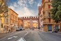 VERONA, ITALY - July 19th, 2019: Old stone gallery in the street of Verona, Italy