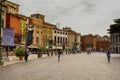 VERONA, ITALY - July 20.2021 : view of central square Piazza Bra . Tourists near Verona Arena Roman amphitheater in