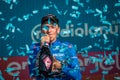 Verona, Italy June 2, 2019: Giulio Ciccone, Trek Team, in the blue jersey celebrates the victory of the climbers classification