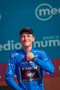 Verona, Italy June 2, 2019: Giulio Ciccone, Trek Team, in the blue jersey celebrates the victory of the climbers classification