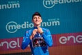 Verona, Italy June 2, 2019: Giulio Ciccone, Trek Team, in the blue jersey celebrates the victory of the climbers classification