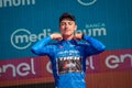 Verona, Italy June 2, 2019: Giulio Ciccone, Trek Team, in the blue jersey celebrates the victory of the climbers classification