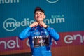 Verona, Italy June 2, 2019: Giulio Ciccone, Trek Team, in the blue jersey celebrates the victory of the climbers classification
