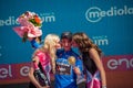 Verona, Italy June 2, 2019: Giulio Ciccone, Trek Team, in the blue jersey celebrates the victory of the climbers classification