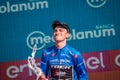 Verona, Italy June 2, 2019: Giulio Ciccone, Trek Team, in the blue jersey celebrates the victory of the climbers classification