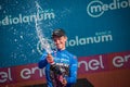 Verona, Italy June 2, 2019: Giulio Ciccone, Trek Team, in the blue jersey celebrates the victory of the climbers classification