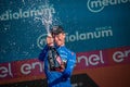 Verona, Italy June 2, 2019: Giulio Ciccone, Trek Team, in the blue jersey celebrates the victory of the climbers classification