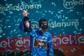 Verona, Italy June 2, 2019: Giulio Ciccone, Trek Team, in the blue jersey celebrates the victory of the climbers classification