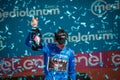 Verona, Italy June 2, 2019: Giulio Ciccone, Trek Team, in the blue jersey celebrates the victory of the climbers classification