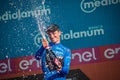 Verona, Italy June 2, 2019: Giulio Ciccone, Trek Team, in the blue jersey celebrates the victory of the climbers classification