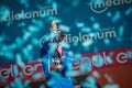 Verona, Italy June 2, 2019: Giulio Ciccone, Trek Team, in the blue jersey celebrates the victory of the climbers classification