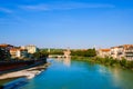Verona, Italy: Panoramic view of the Adige river from the bridge Ponte Scaligero Royalty Free Stock Photo