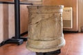 Fragments of a decoratively decorated stone column at an exhibition in the Museo Lapidario Maffeiano in Verona, Italy