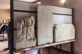 Fragments of decoratively decorated stone gravestones at an exhibition in the Museo Lapidario Maffeiano in Verona, Italy