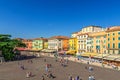 Piazza Bra square aerial view in historical city centre with row of old colorful multicolored buildings Royalty Free Stock Photo