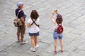 Verona, Italy - September 5, 2018: tourist taking a photo of the famous Verona Arena, a Roman amphitheatre in Piazza Bra