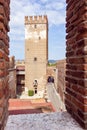 View from the fortress wall to the watchtower and passage through the Castelvecchio Castle in Verona, Italy Royalty Free Stock Photo