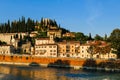 Verona, Italy: View of the embankment of Adige river and Castle San Pietro Royalty Free Stock Photo