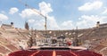 Verona, Italy - workers preparing the stage for the thetre performance in the famous Arena