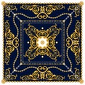 Versace Style Pattern Ready for Textile. Scarf Design for Silk Print. Golden Baroque with Chains on Dark Blue Background.