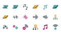 Flat Design Icons Set: Music, Planets, and Technology Concepts Royalty Free Stock Photo