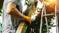 Versatile craftsman working with wood to build a house on a summer day, DIY concept