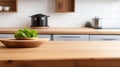 Versatile Display: Empty Wooden Table on Blurred Kitchen Bench Background.