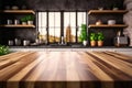 Versatile Kitchen Display Wooden Table on Blurred Kitchen Bench Background for Product Montage. created with Generative AI Royalty Free Stock Photo