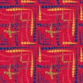 Indian boho summer bandana seamless symmetrical pattern. Versatile masculine red blue scarf print in kaleidoscopic