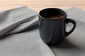 Versatile product mockup, black coffee mug on linen napkin Empty cup