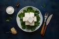 Versatile raw tofu displayed on kitchen table in flat lay photo